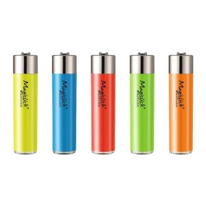Encendedor Magiclick Eco Colores Sólido Reutilizable con tapa cromada en amarillo, azul, rojo, verde y naranja