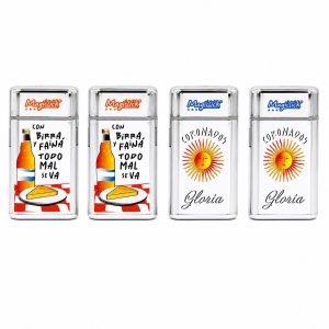 Encendedor Magiclick Cigar Argentina con motivos argentinos: birra y fainá, Coronados Gloria Sol de Mayo