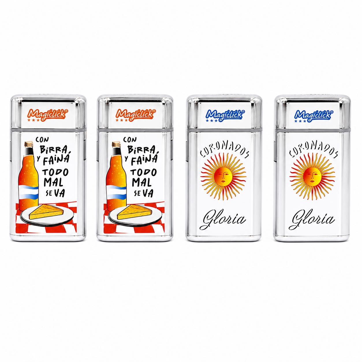 Encendedor Magiclick Cigar Argentina con motivos argentinos: birra y fainá, Coronados Gloria Sol de Mayo